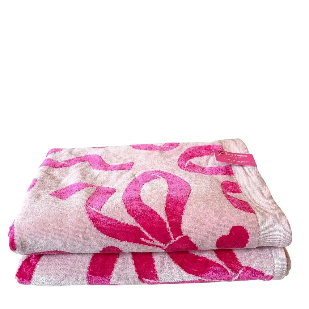 Juicy Couture Pink Bows Hearts Towel Set- 2 Hand & 2 Bath Towels Cotton NEW